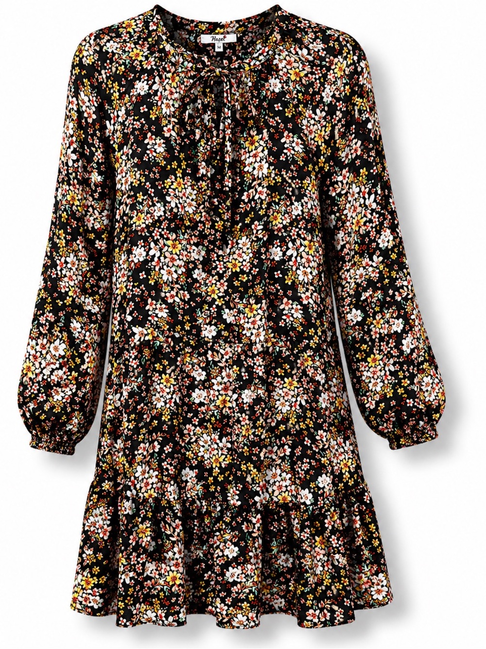 Poppi Floral Tie Neck Babydoll Dress Cottagecore Boho Long Sleeve Peasant Tiered